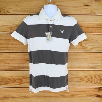 Polo American Eagle Para Hombre Talla S Gris Blanco Rayas 100% Algodón Ajuste Vintage NUEVO Foto 1 de 4