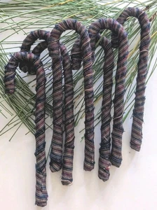 Prim Handcrafted Candy Cane Ornaments  Fabric Wrapped 6" Lot of 6 Package Ties  - Picture 1 of 4