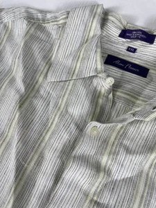 Mens XXL ALAN FLUSSER 100% Linen SHIRT Yellow Stripes Button Down Short Sleeves - Picture 1 of 12