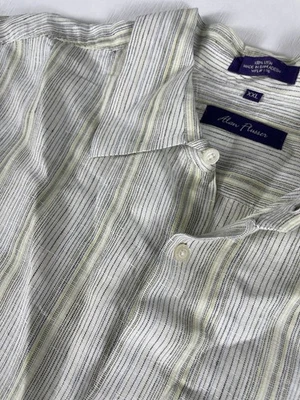 Mens XXL ALAN FLUSSER 100% Linen SHIRT Yellow Stripes Button Down Short Sleeves - Image 1 of 4