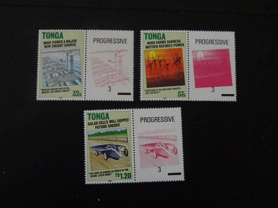 Juego de 3+3 etiquetas de fuentes alternativas de electricidad de Tonga SG1069/71 1990. Foto 1 de 4