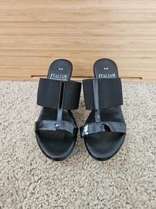 Italian Shoemakers Wedge Sandals Slides Black Platform Heels Size 9 - Picture 1 of 14