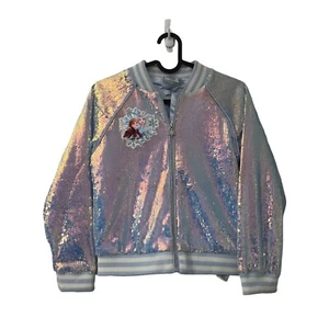 Disney Frozen Blue Iridescent Sequin Elsa Anna Varsity Jacket Girls Size 7/8 - Picture 1 of 6