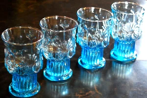 Pilgrim Glass ADAMS Set 4 RARE Vtg Aqua Blue FOOTED TUMBLERS Raised Shell 4.75" - Picture 1 of 18