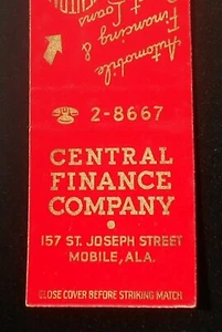 1950s Central Finance Company Mobile AL Matchbook Alabama - Bild 1 von 1