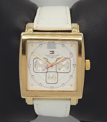 Ladies Tommy Hilfiger Tank Gold Tone White Leather Strap Watch 1780817  L8 - Image 1 of 4