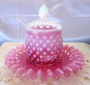 FENTON"4pc"JAM SET"MINT&PERF~VINTAGE~40s"CRANBERRY/PINK OPALESCENT GLASS"HOBNAIL - Picture 1 of 4
