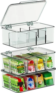 3 Pack Stackable Tea Bag Organizer with Lid for Kitchen Storage Clear - Picture 1 of 12