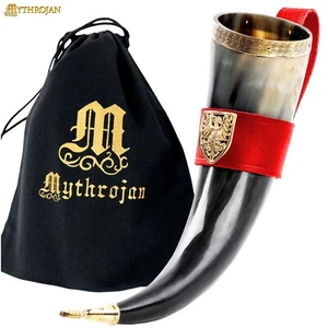 Wikinger Trinkhorn Mittelalter Ritter Wein Met Ale mit rotem Lederhalter 350ML - Bild 1 von 13