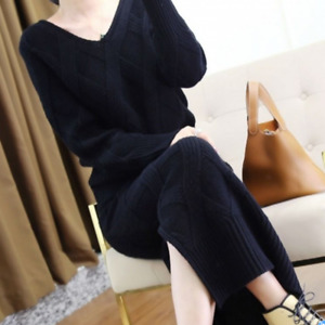 Women's Knitted Sweater Slim Fitting Thick Warm Suit V-Neck Loose Long Dress