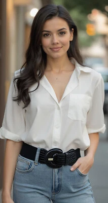 Mujeres Negro Imitación Cuero Ancho Elástico Tela Cinturón Cadera Cintura Alta Hebilla Grande S M Foto 1 de 4