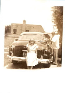 Vintage Photo 1940s, Little Girl In Dress In Front Of Car, 3.5x2.5 Black White - Picture 1 of 2