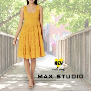 NWT Max Studio Women's M Golden Yellow Textured Sleeveless A-Line Midi Dress - Picture 1 of 13