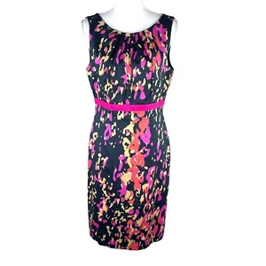David Meister Women Navy Blue Sheath Dress Sz 8 Abstract Print Pink Orange - Picture 1 of 5