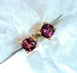Rhodolite Garnet Cushion 5 MM Stud Earrings Yellow Gold Over 925 Sterling Silver - Picture 1 of 9