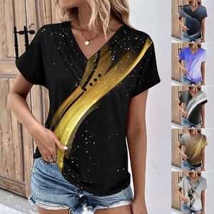 Women Summer Casual Shirts Short Sleeve Floral Tunic Tops V Neck Tshirt Blouses - Picture 1 of 11