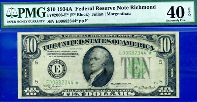 1934A $10 Federal Reserve Note PMG 40EPQ Richmond Star - Image 1 of 2