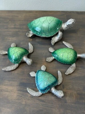Juego de 4 figuras de tortugas marinas de poliresina plateadas y verdes decoración colgante decoración de mesa Foto 1 de 4