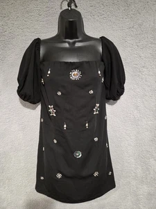 Corey Lynn Calter Mini Dress Womens XS Black Embellished Puff Sleeve Beaded Gem - Picture 1 of 8