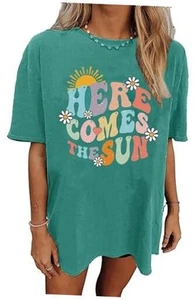 Womens Oversized Tshirt Graphic Tees Summer Casual Short Sleeves Tops Beach - Picture 1 of 3