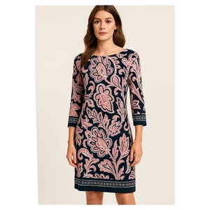 INC Shift Dress Size L Navy Pink Retro Mod Paisley 3/4 Flare Sleeve Boho Chic - Picture 1 of 13