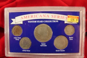 AMERICANA SERIES COINS, BARBER HALF, QUARTER AND DIME, IN PLASTIC CASE, 5- COINS - Picture 1 of 2