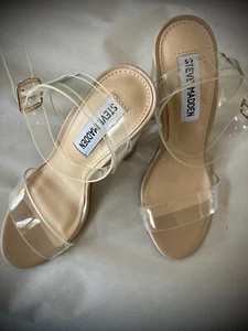 Steve Madden Camille Ankle Strap High Block Lucite Heeled Sandal Clear Sz 6 New - Picture 1 of 10