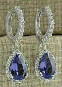 Lab Created Sapphire 2Ct Pear Cut Drop Dangle Earring 14K White Gold Plated - Picture 1 of 6