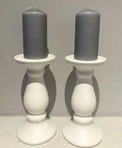 Pair Ceramic Pillar Or Taper Candle Holder Cream With Grey Candles Minimalist - Picture 1 of 3