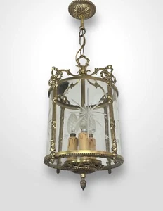 Vintage French Gilt Bronze Hall Lantern With Etched Glass Panel - Picture 1 of 9