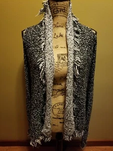 NWT Womens Karl Lagerfeld Paris Fringed Open Front Sweater Vest Black White OS - Picture 1 of 12