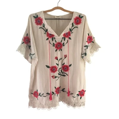 Top túnica bordada Umgee floral encaje borla bohemio festival encubrimiento M Foto 1 de 4