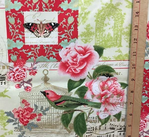 JoAnn Fabric Collage Birds Flowers Music Notes Butterfly Screen Print Cotton - Picture 1 of 4
