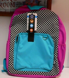 YOOBI ~ NWT Book Bag Backpack School Black White Checkered Pink Turquoise Laptop - Picture 1 of 7