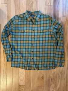 Patagonia Buckshot Flannel Mens L Teal Gold Button Shirt Organic Cotton 53856 - Picture 1 of 8