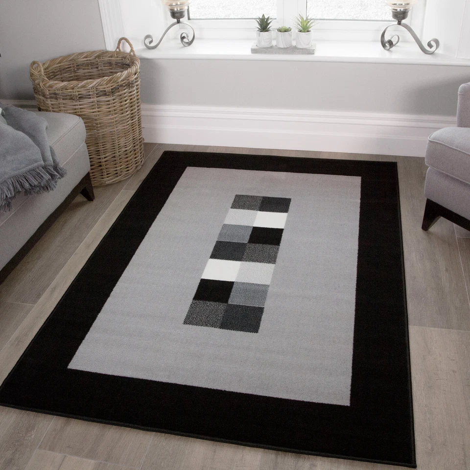 Milan Soft Modern Black & Grey Border Rug 60cmx240cm (2ft X 7ft 10")