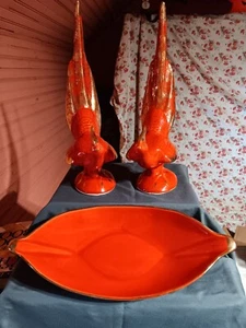 Calif Pottery 15" VintageConsole 3pcBowl &Pheasants Orange/w-Gold accents - Picture 1 of 7
