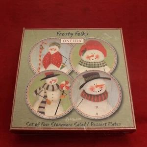 Oneida Frosty Folks Set of 4 Dessert/Salad Plates Stoneware Snowman Christmas - Picture 1 of 6