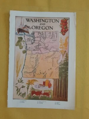 Mapa temático cultural del estado de Washington Oregón 1946 litografía cromada C13-2 Foto 1 de 2