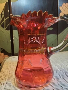 Antq VICTORIAN *TRUE Gold Infused Cranberry Glass Ruffled Pitcher Vase PRISTINE - Picture 1 of 9