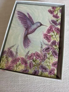 Box Of 11 Papyrus Purple Hummingbird SMALL Glittery Notecards W/Gold Seals - Picture 1 of 10