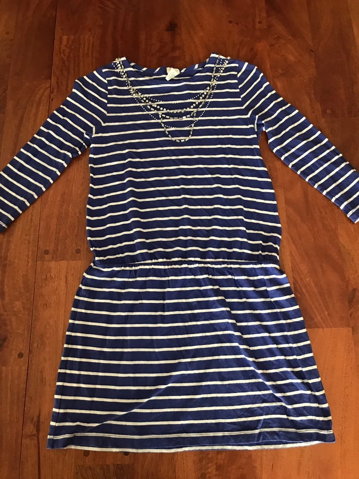 CREWCUTS J.CREW Cuts Blue Stripe Jeweled Dress Fall Winter School Size 12 Girls - Image 1 of 1