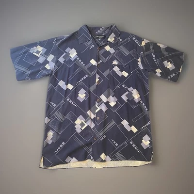 Brandini Men’s XL Silk Feel Geometric Blue Short Sleeve Button Up Shirt - Image 1 of 4