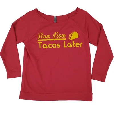 Camisa Run Now Tacos Later engraçada malha vermelha activewear tamanho superior pequena academia de treino - Imagem 1 de 4