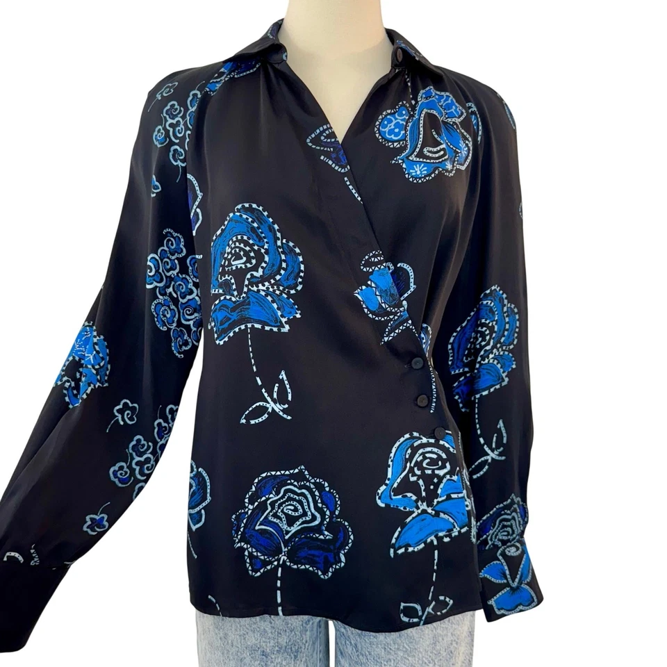 Blusa Emporio Armani Sedosa Satén Oscura Floral Manga Larga Top Negro Azul Talla 40 Foto 1 de 4
