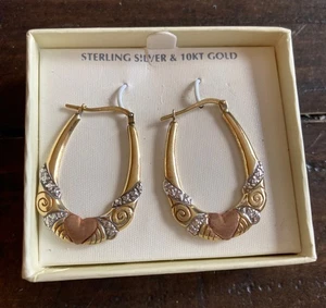10K Gold Earrings Pierced Dangle 1980's Still in Box with Accents 925 1" Heart - Picture 1 of 7