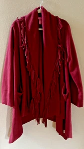 Woman Within Plus Size Large Fringed Shawl Collar Fleece Jacket Red Cozy - Picture 1 of 8
