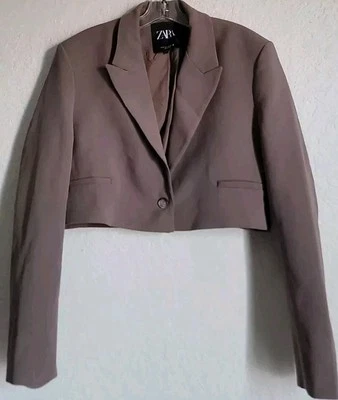 Zara Blazer Womens Size Medium Gray Single Button Front Cropped Lined Jacket  - Image 1 of 4