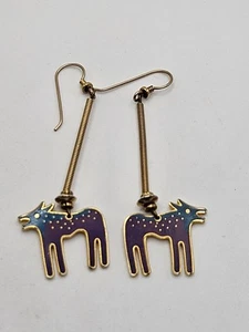 Vintage Laurel Burch Gold Tone Wild Dog Blue / Purple Enamel Dangle Earrings - Picture 1 of 10