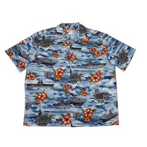 Kalaheo Herren XL Hawaiihemd Blumen USS Militär Schiffe Knopfleiste Kurzarm - Bild 1 von 6